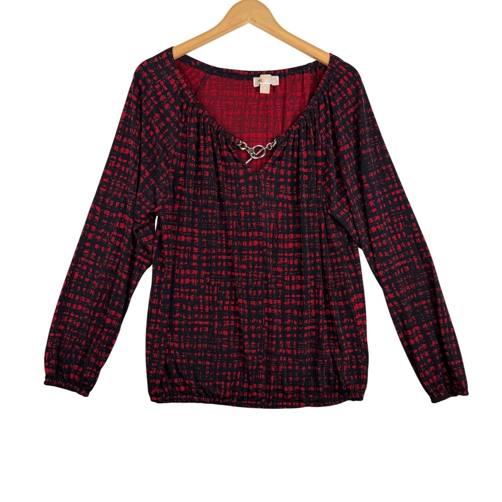 Michael Kors Geometric Print Long Sleeve Keyhole Blouse size Medium Red/Black